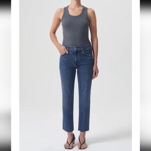 AGOLDE | Women's Med Wash Kye Straight Cropped High-Rise Fray Hem Jeans